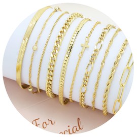 XIANNVXI Gold Bracelets Stack for Women Dainty Bracelets Thin Gold Bracelets Gold Chain Bracelet 10Pcs Paper Clip Bracelets Set Stackable Figaro Herringbone Paperclip Bracelet Pack for Womens
