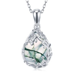 SVODEA Teardrop Moss Agate Necklace for Women 925 Sterling Silver Created Water-Shaped Moss Agate Cage Filigree Necklaces Anniversary Birthday Jewelry Gift for Women Mom Wife