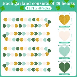 G2PLUS Glitter Heart Garland, 16m Green White Gold Hearts Hanging Garlands, Sparkling Paper Garland Hanging Streamer for Anniversary, Wedding, Birthday Party, Baby Shower