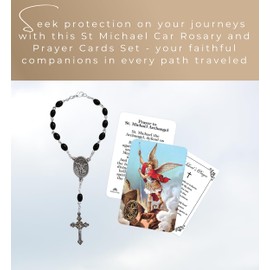 St Michael Car Rosary - St Michael The Archangel Prayer Card, The Lord's Prayer Card - Saint Michael Car Rosary with Black Bead, Clasp - St Michael Rearview Mirror Rosary, Catholic Card Set of 3 Items