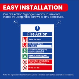 Fire Action Notice Sign - 1mm Rigid Plastic, Pack of 5-200mm x 300mm - Fire Action Sign, Evacuation Procedure, Report to Assembly Point, With Emergency Number, Comprehensive Fire Signage,
