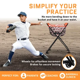 ACELETIQS Baseball Softball Portable Batting Practice Ball Caddy, Use During Training and Drills, Save Your Back No More Bending, Holds up to 60 Baseballs, Instant Setup (4 Leg with Wheels)