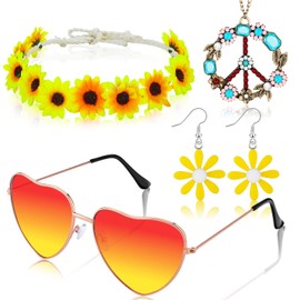 Juego de Accesorios de Disfraz Hippie de 4 Piezas Signo de la Paz de Los 70 Atuendos de Los Años 60 para Mujer Collar Pendientes Margarita Diadema de Flores Gafas de Sol (Estilo Fresco)