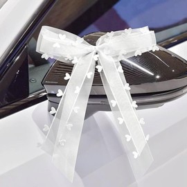 Pack of 10 Car Bows Wedding Car Decoration, Car Decoration Bows, Wedding Car Bow with Heart Lace, Wedding Decoration Ribbon, Wedding Bows for Bridal Car, Gift, Wedding Party (16 x 26 cm)