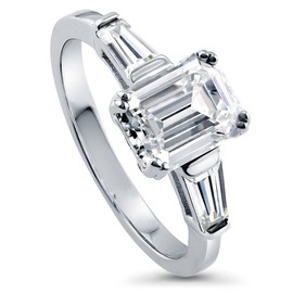 BERRICLE Sterling Silver 3-Stone Wedding Engagement Rings 2.1 Carat Emerald Cut Cubic Zirconia CZ Anniversary Ring for Women, Rhodium Plated Size 7