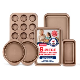 BAKKEN 6-Piece Kitchen Baking Pan Set - Commercial Grade Carbon Steel Bakeware, With Nonstick Coating, Stackable and Space-saving Design, PFOA, PFOS, PTFE Free, Oven Safe Tray (Up To 450°F), Brown