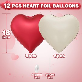 Red White Heart Balloons,12Pcs 18Inch Cream White Metallic Red Heart Shaped Foil Helium Balloons for Baby Shower Birthday Anniversary Wedding Engagement Party Decorations
