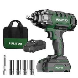 PULITUO 20V Cordless Impact Wrench 1/2 Inch, Power Impact Gun Max Torque 350 Ft-lbs(475N.m), 3.0Ah Li-ion Battery, 1-Hour Fast Charger, Led Light, 4 Pcs Impact Sockets, Tool Bag     BQ:_Green