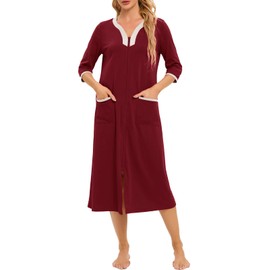 YARISNEY Women Zipper Robe Half Sleeve Loungewear Full Length Nightgown with Pockets (Red,2XL)