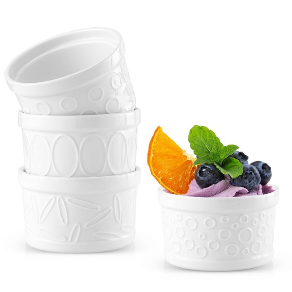 JoyJolt Small Ramekins 6 oz Oven Safe Bowls. White Embossed Porcelain Ceramic Ramekin Set of 4. Creme Brulee Ramekins, Souffle Cups, Custard Cups, Charcuterie Bowls, Sauce Cups, Gratin Ramiken Set