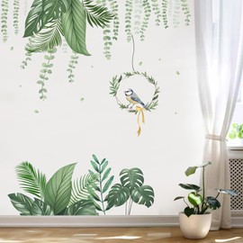 KAIRNE Green Tropical Leaves Wall Stickers Hanging Plants Green Jungle Wall Decals Parrot Wall Art Nature Hanging Vine Palm Clings for Bedroom Living Room Sofa TV Background