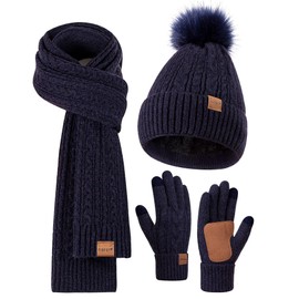 Winter Beanie Hat Scarf Gloves Set for Women, Pom Pom Beanie with Fleece Lined Long Knit Neck Warmer Fingers Touchscreen Gloves, Fashionable Cute Warm 3 in 1 Gift Set for Cold Weather(B-08) Navy
