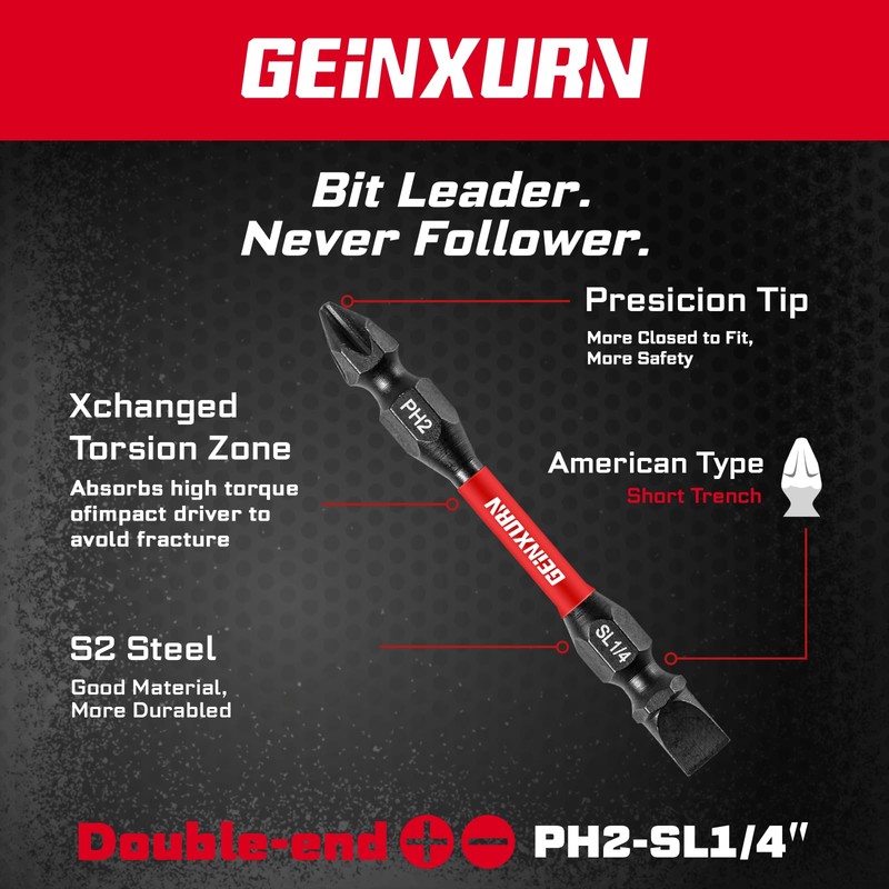 Geinxurn 10 Pieces SL1/4-PH2 Impact Double End Screwdriver Bit Set,