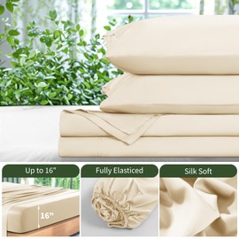 LBRO2M Cooling Bed Sheet 100% Viscose Derived from Bamboo Sheet Set 4 Piece Queen Size,Fit Up to 16" Deep Mattress, 1800 TC Sheet Super Soft Silky Smooth,Breathable Cool Bedding (Queen Beige)