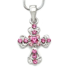 SoulBreezeCollection Christian Cross Pendant Necklace Charm Rhinestones Fashion Jewelry (Pink)