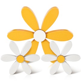 Yousoontic 3pcs Daisy Decor Wood Flowers Decortion Farmhouse Tabletop Sign 6 Petal Daisy Decoration Boho Flower Standing Table Centerpieces Spring Tiered Tray Decor for Desk Home Kitchen