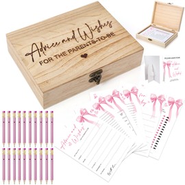 Silipull 173 Pcs Baby Shower Game and Advice Set Baby Shower Advice Cards Boy Girl Bingo Game Cards Wooden Keepsake Box Wishes Sign Pencils for Parents to Be Birthday Decor Party Supplies(Pink Bow)