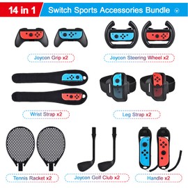 innoAura 14 in 1 Switch Sports Accessories Bundle, Switch Sports Bundle with Switch Steering Wheel, Joycon Grip, Tennis Racket, Glof Club, Wrist Strap, Leg Strap Compatible with Switch/Switch OLED