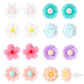 8 Pairs Plastic Earrings, Flower Stud Earrings Colorful Daisy Rose Post Earrings Floral Ear Studs Plastic Earrings for Sensitive Ears