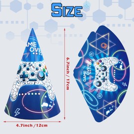 WERNNSAI 12 PCS Video Game Birthday Hats - Gamer Birthday Party Decorations Blue Neon Paper Cone Hats Gaming Party Headwear for Kids Boys Game Night Supplies