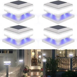 Sumaote Solar Post Lights Outdoor, 52 LED 160 Lumen Solar Post Cap Lights for 4x4 5x5 6x6 Wooden Posts, IP65 Waterproof 6000K White SMD Lighting for Deck Fence Garden Porch, White Shell, 4 Pack