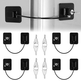 4PCS Fridge Lock Children Safety Refrigerator Door Lock, Security Window Lock with 4 Keys & Stainless Steel Lock Belt, No Drilling Window Restrictor for UPVC for Fridge Cabinet Drawer Freezer (Black)
