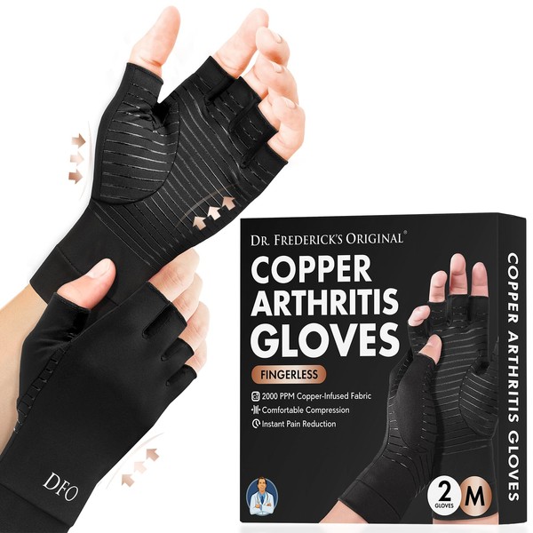 Dr. Frederick's Original Copper Comfort - Guantes para artritis (2 guantes, perfectos para escribir por ordenador, ajuste garantizado), Negro, Large (1 Pair)