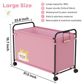 AIJIAMEIER 180L Kids Large Toy Box with Wheels, Metal & Oxford Cloth Big Toy Chest for Boys Girls, Toy Organizer with Wooden Handle for Bedroom, Living Room Area, Stuffed Animals, Clothes(Pink, 1PC)