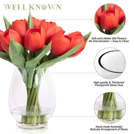 WELL KNOWN 12 Pcs Fake Red Tulips Artificial Flowers in Vase with Faux Water, Real Touch Foam Tulips Arrangements with Vase for Home Office Decor, Dining Table Wedding Centerpiece (Coral Red)