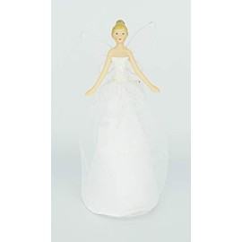 Gisela Graham by Silver Tree 7-inch Christmas Tree Topper Angel Fairy Resin Body with White Tulle Fabric with Snowflakes Also can be Used Table Top Decoration