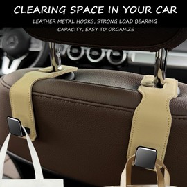 DXMWWTP 2 Pack Car Headrest Hook, Car Seat Back Hooks for Purses and Bags, Metal Headrest Hook Covered by Leather,Car Organization Accessories,Car Seat Organizer Hooks for Handbag(Beige)