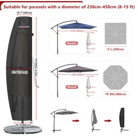 LAMUNI Garden Parasol Cover Waterproof Patio Umbrella Covers Large Cantilever Parasol Cover 420D Oxford Garden Parasol Umbrella Cover fit 3 to 5m Diameter Outdoor Umbrella Parasol, 240x40/70/50cm