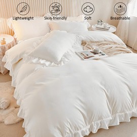WONGS BEDDING 3 Pieces White Ruffle Bedding Set with 2 Pillowcase Frills Duvet Cover with Zipper Closure Soft Microfiber Duvet Cover Set Double 200x200 cm