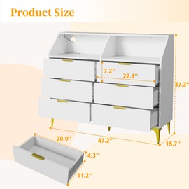 YOCONYO 6 Drawer Dresser for Bedroom with Charging Station and LED Lights, Modern Double Dresser, Large Chest of Drawers with Open Space, LED Storage Cabinet for Living Room (White-Gold)