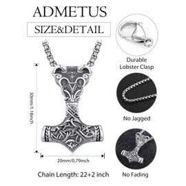 Thor Hammer Necklace Sterling Silver Mjolnir Necklace Viking Crow Necklace Thors Hammer Necklace with Crows Mjolnir Pendant Jewelry Gifts for Men