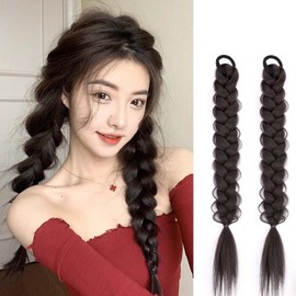 NT-ling 2Pcs Braided Ponytail Extensions with Hair Ties Soft Synthetic Hair Pieces for Women Girls Daily Wear 19.7 Inch Suitable for parties, birthdays, weddings (Black)