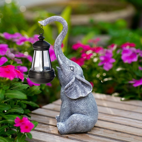 Goodeco Elephant Ornaments with Solar Lanterns - 27.5cm Elephant Outdoor Statues Figurines with Solar Powered LED Lights for Garden/Yard Decor,Good Luck Elephant gifts for women