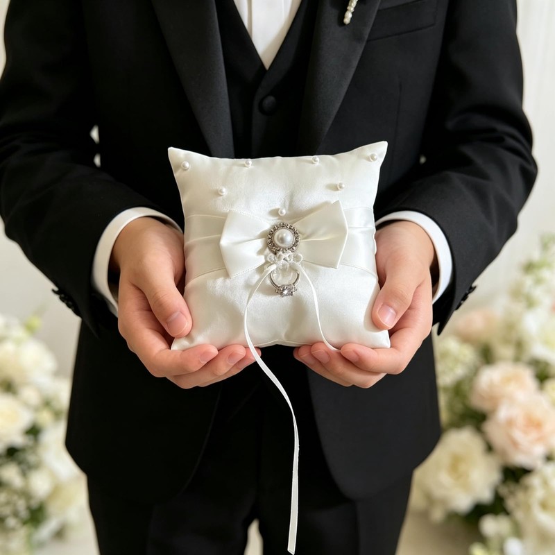 2PC Admireshun Ivory Satin Bow Ring Bearer Pillows, 5.9 Inch