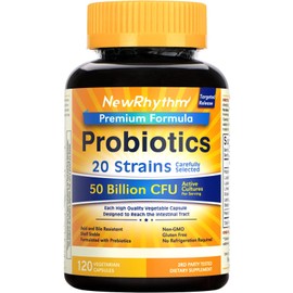 NewRhythm Probiotics 50 Billion CFU 20 Strains, 120 Veggie Capsules, Targeted Release Technology, Stomach Acid Resistant, No Need for Refrigeration, Non-GMO, No Gluten