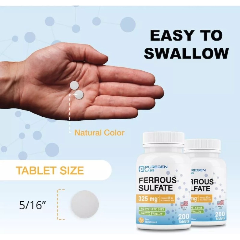 Puregen Ferrous Sulfate 325mg 65mg Elemental Iron High Potency Iron