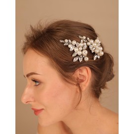 Teyglen 2pcs Silver Pearl Crystal Hair Barrette Bridal Rhinestone Hair Clips for Bride Wedding Hair Accessories for Women Elegant Hairpins Party Prom Side Headpiece (Silver)
