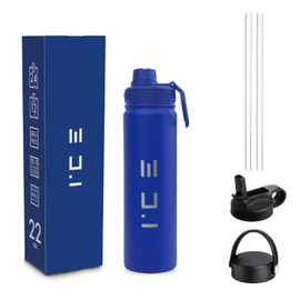 ICE Sports Water Bottle - Includes 3 Lids (1 Straw Lid) & 2 Straws - Leak proof Stainless Steel Gym & Sport Bottles for Men, Women & Kids - Double Walled, Insulated Thermos (Blue, 22 oz)