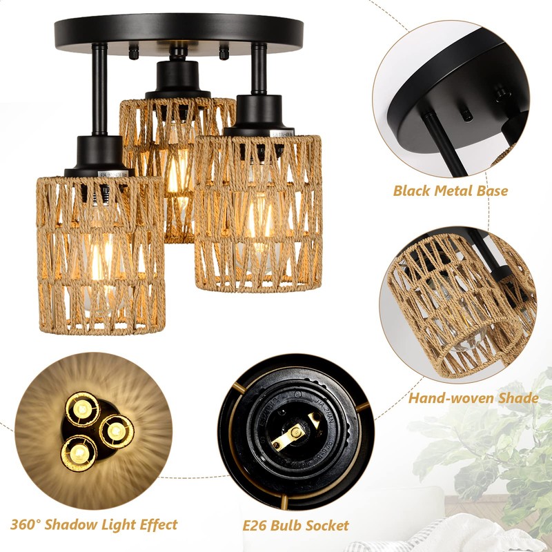 3-Lights Boho Light Fixtures Ceiling Mount, Farmhouse Rattan Chandelier, Hand