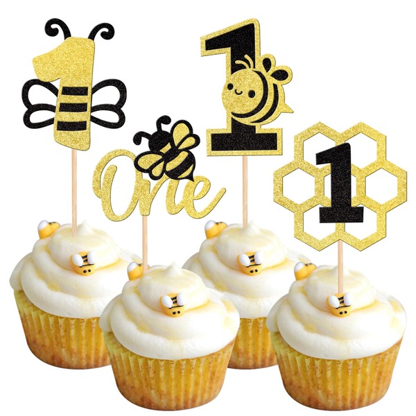 24 piezas de decoración para cupcakes de abeja One color negro y dorado con purpurina, número 1, púas de magdalenas de abeja, decoración para tartas de primer cumpleaños, para baby shower, niños y niñas, suministros para fiestas de primer cumpleaños