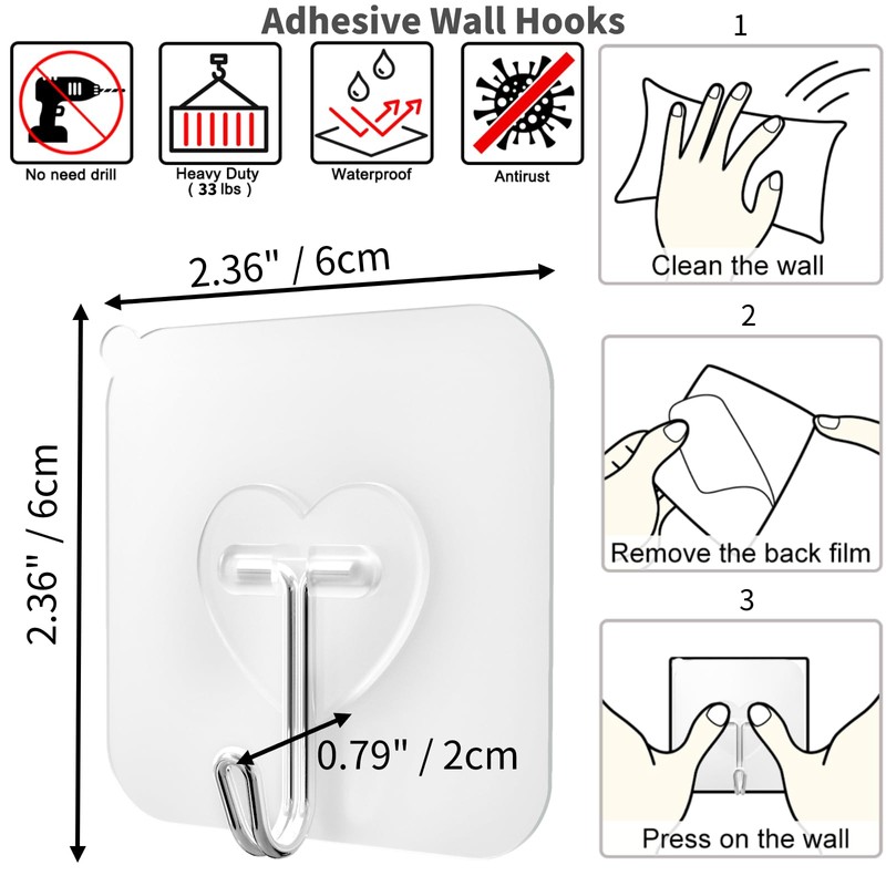 DGYB 20 Pcs Clear Adhesive Hooks for Hanging 22lb Self