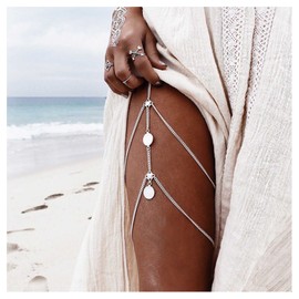 Allereya Vintage Layered Coin Disc Leg Chain Silver Coin Thigh Chain Retro Coin Thigh High Chain Summer Beach Body Chain Jewelry for Women and Girls (Silver)