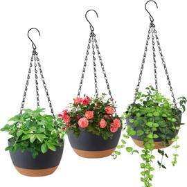 LOMUG Hanging Basket for Outdoor Indoor Use, Flower Pot, Hanging Pot with Removable Tray and Drainage Holes, Hanging Basket for Outdoor, Garden, Living Room, Balcony, 3 Pieces (Grey)