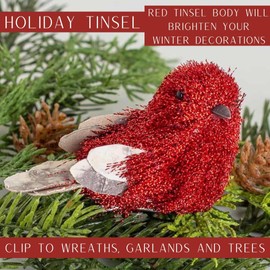 Factory Direct Craft Red Tinsel Cardinal Clips Set of 3 - Fake Christmas Birds for Holiday Trees and Wreath Decorating (3-1/2 Inches Long)