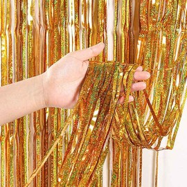 Pack of 2 Gold Fringe Curtains 3.28 ft x 6.56 ft Gold Foil Background Tinsel Curtains Gold Metallic Door Streamer Photo Booth Wedding Graduations Birthday Christmas Event Party Supply