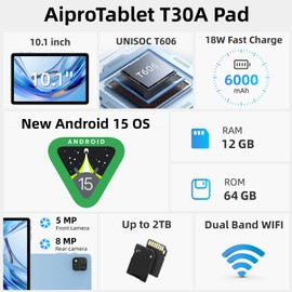 Tablet 10.1 inch, Android 15 Tablet with Octa-Core Processor 12GB RAM 64GB ROM, LCD Touchscreen, 6000mAh, WiFi 5, BT 5.0, Dual Camera, Widevine L1 Google Tablets 2025 (Blue)